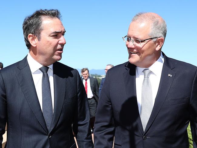 SA Premier Steven Marshall and  Prime Minister Scott Morrison at the Signing of Strategic Partnership Agreement at Russell Offices in Canberra. Picture Kym Smith