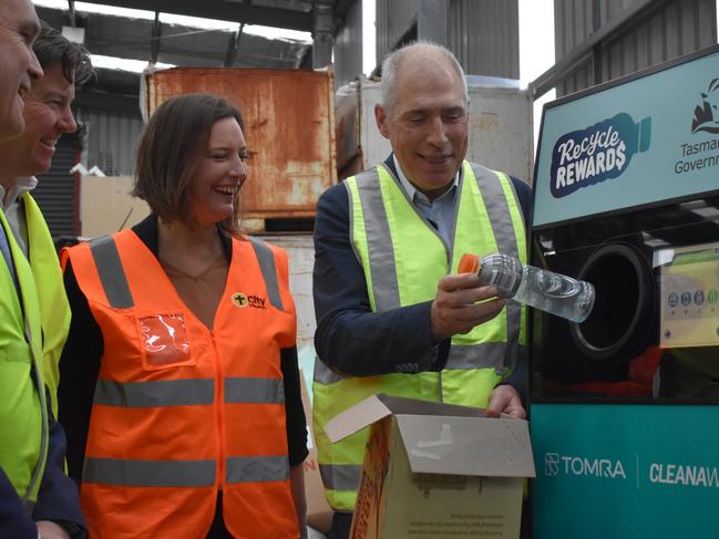 Ben Kearney, chair of TasRecycle, James Dorney, CEO TOMRA Cleanaway, Jo-Anne Fearman, City Mission CEO, Environment Minister Nick Duigan. Launching Recycle Rewards, Tasmania container deposit scheme. Picture: Supplied