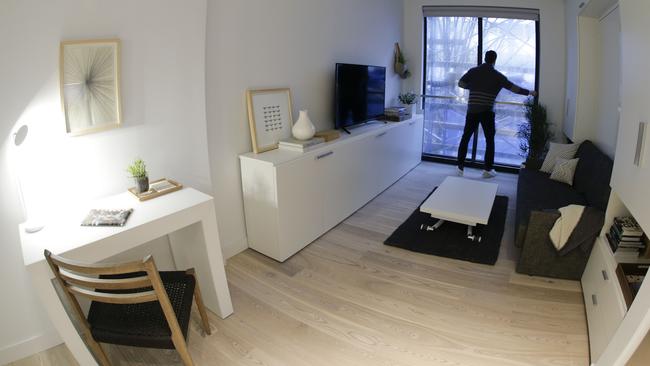 Inside one of the apartment units at the Carmel Place building in New York. As the “micro-apartment” project nears completion, it’s setting an example for tiny dwellings that the nation’s biggest city sees as an aid to easing its affordable housing crunch. Picture: Julie Jacobson