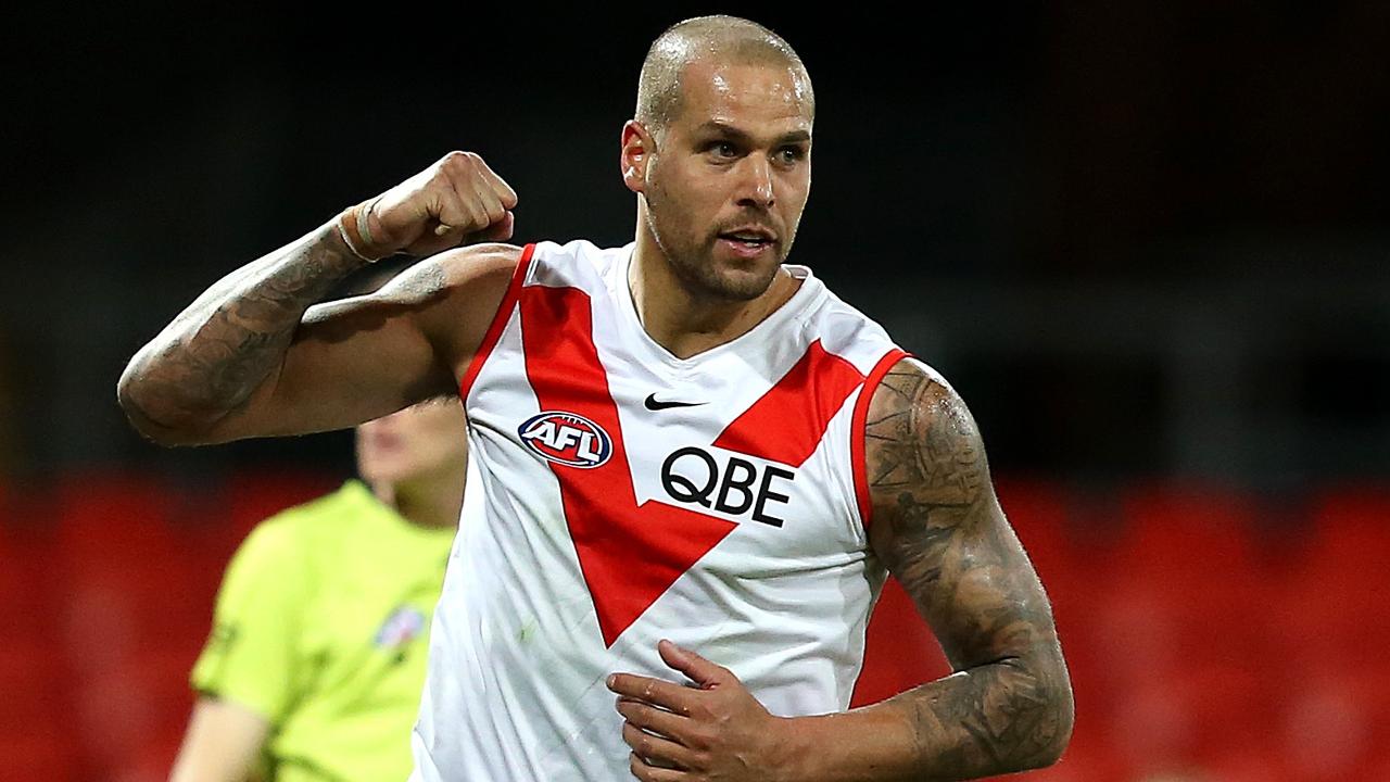 GOLD COAST, AUSTRALIA - JULY 18: Lance Franklin of the Swans celebrates a goal during the round 18 AFL match between Greater Western Sydney Giants and Sydney Swans at Metricon Stadium on July 18, 2021 in Gold Coast, Australia. (Photo by Jono Searle/AFL Photos/via Getty Images)