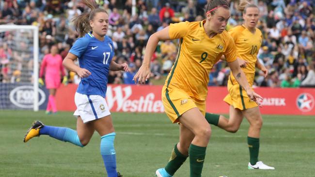 Caitlin Foord on the ball against Brazil in Penrith in September. Picture: AAP