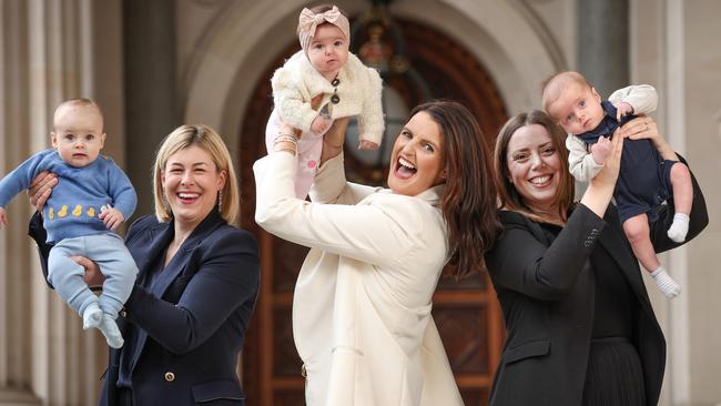 New parliament mums Liberal MP Jess Wilson with Patrick, Nationals MP Annabelle Cleeland with Sigrid and Labor MP Martha Haylett with Liam are making the most of a new child care initiative at parliament. Picture: David Caird