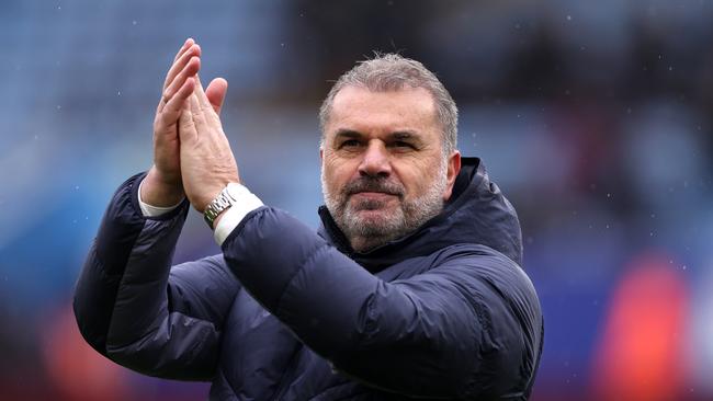 BIRMINGHAM, ENGLAND - MARCH 10: Ange Postecoglou, Manager of Tottenham Hotspur, applauds the fans after the team's victory in the Premier League match between Aston Villa and Tottenham Hotspur at Villa Park on March 10, 2024 in Birmingham, England. (Photo by Alex Pantling/Getty Images)