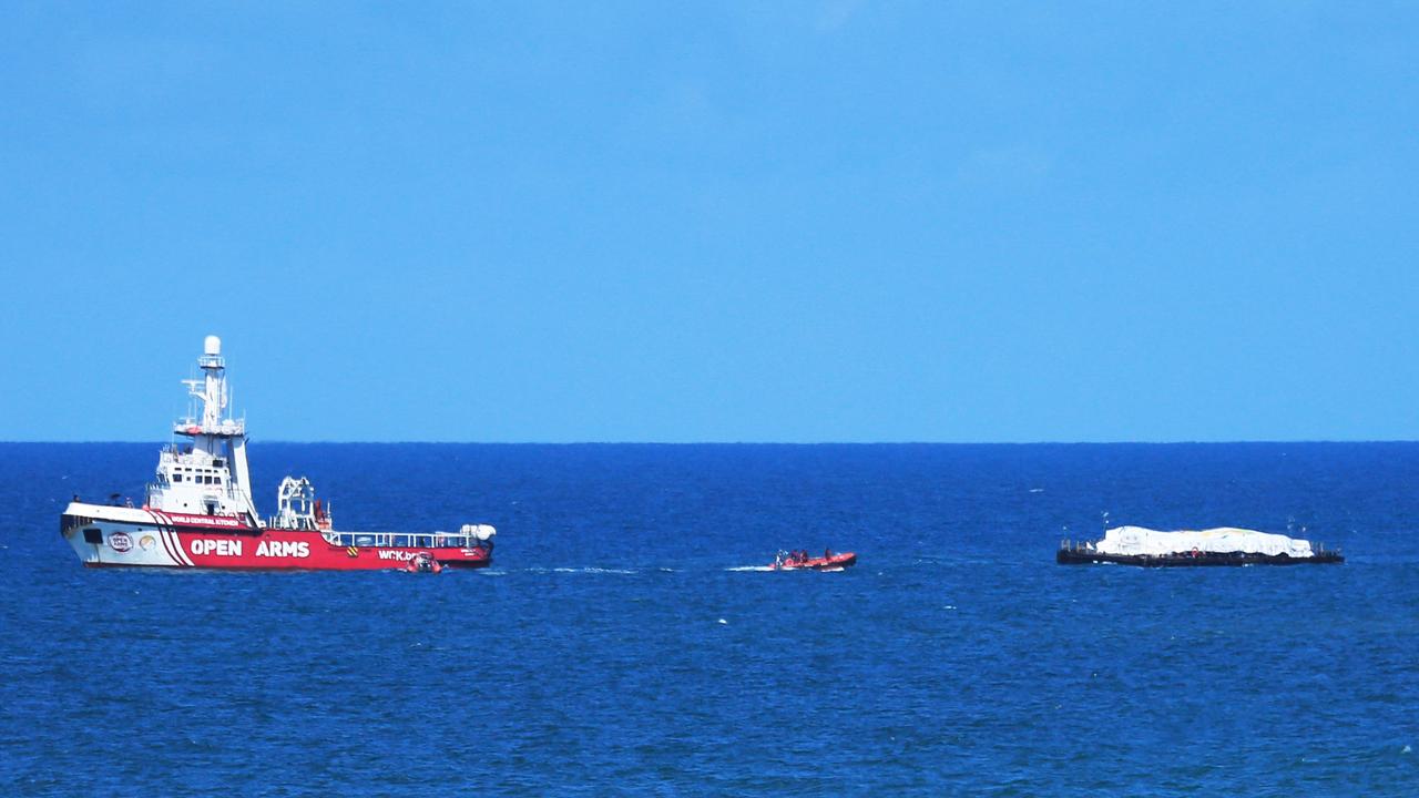 The Open Arms maritime vessel that set sail from Larnaca in Cyprus carrying humanitarian aid approaches the coast of Gaza City. Picture: AFP