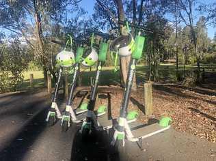 The four Lime scooters were found in Moreton Family Park in Chuwar on Tuesday afternoon. Picture: Lachlan McIvor