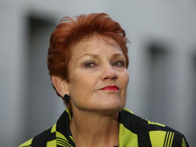 Senator Pauline Hanson speaking at today’s press conference at Parliament House. Picture: Kym Smith