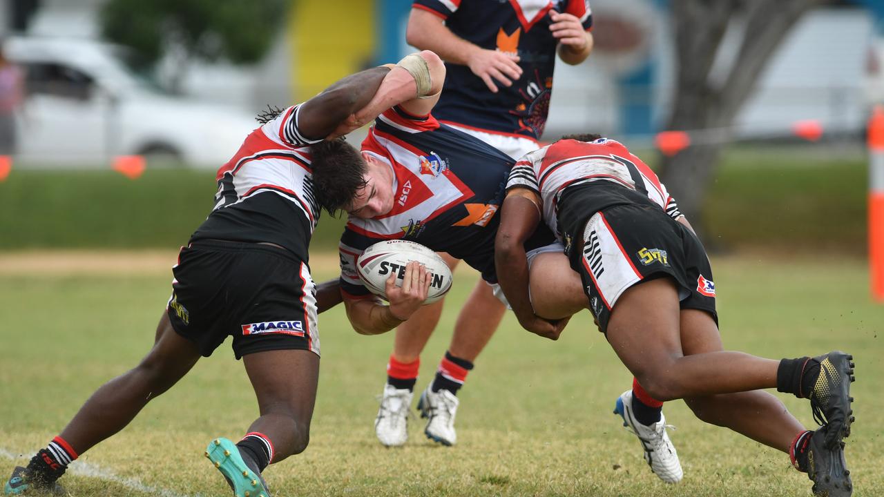 Aaron Payne Cup clash between Kirwan High Bears and St Patrick's College at Kirwan. Bears Tajshon Santos-Messa and Xavier Chatfield tackle St Patrick's Ethan Cocco. Picture: Evan Morgan