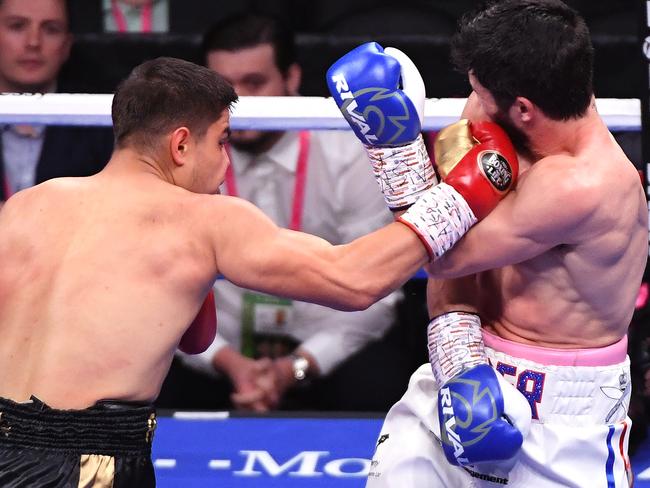 Akkawy lands one on John Ryder, but was eventually stopped in the third round. Picture: Ethan Miller/Getty Images