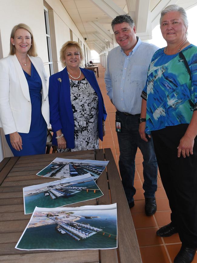 From left, Deputy NT Chief Minister Nicole Manison, Assistant Minister for Northern Australia Michelle Landry, NT Senator Sam McMahon and Member for Fong Lim, Mark Monaghan at Parliament House with some of the five concept designs for Darwin’s $400 million ship lift. Picture: Katrina Bridgeford