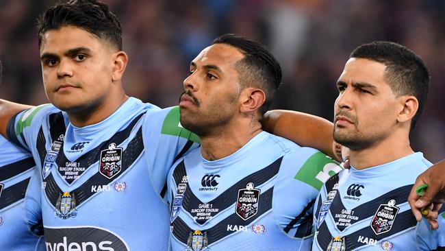 Blues brothers Latrell Mitchell, Josh Addo-Carr and CodyWalker are staying strong. Photo: AAP Image/Dave Hunt