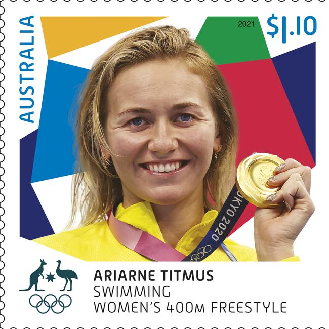 Ariarne Titmus features on a new Australia Post stamp as part of a new collection that celebrates all Australian gold medallists at the Tokyo 2020 Olympics. Photo courtesy of Australia Post.