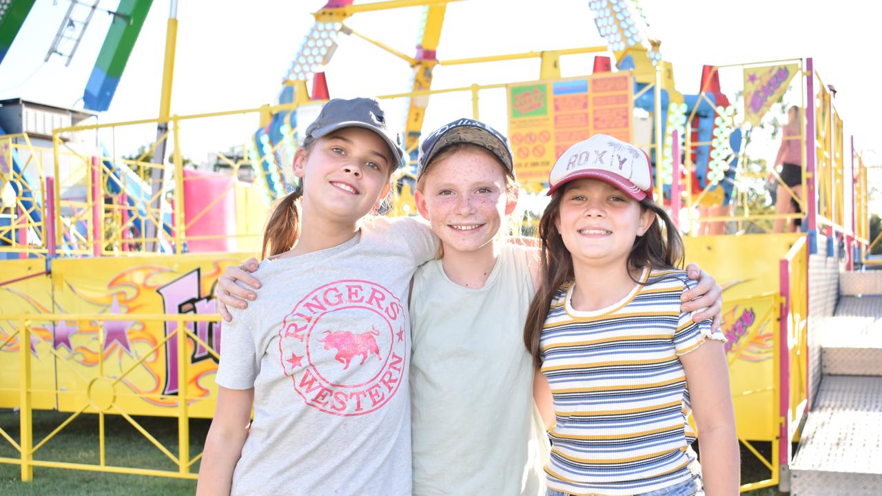 Kaitlin Price, Charlotte Pepper, and Lila Price of Proserpine said thei favourite ride at Show Whitsunday was the ‘Freak Out’. Picture: Kirra Grimes