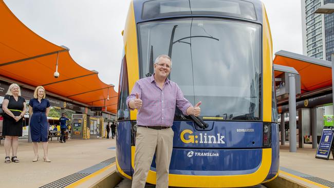 Prime Minister of Australia, Scott Morrison, visiting the Broadbeach South light rail station (G:link) station, on Monday,  to announce further light rail funding on the Gold Coast by the Australian Government.   Picture: Jerad Williams