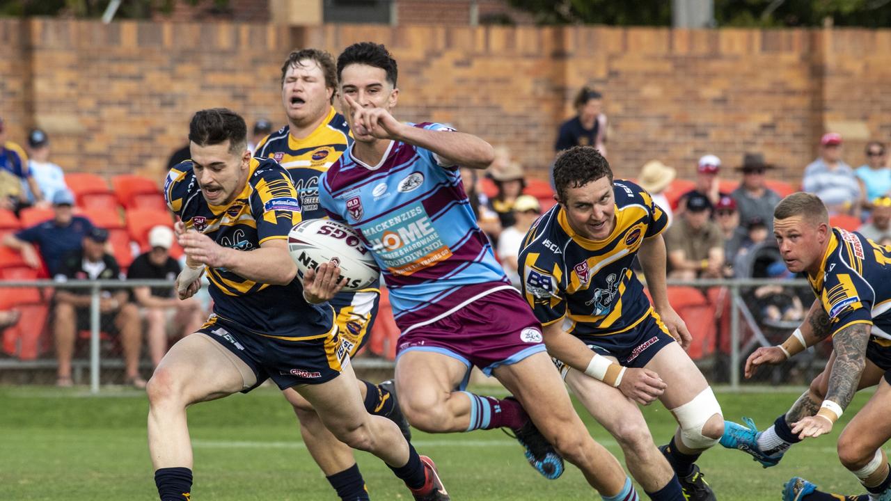 David Armstrong on his way to score a try for Goondiwindi. Highfields vs Goondiwindi. 2021 Hutchinson Builders Cup A Grade final. Sunday, September 19, 2021. Picture: Nev Madsen.