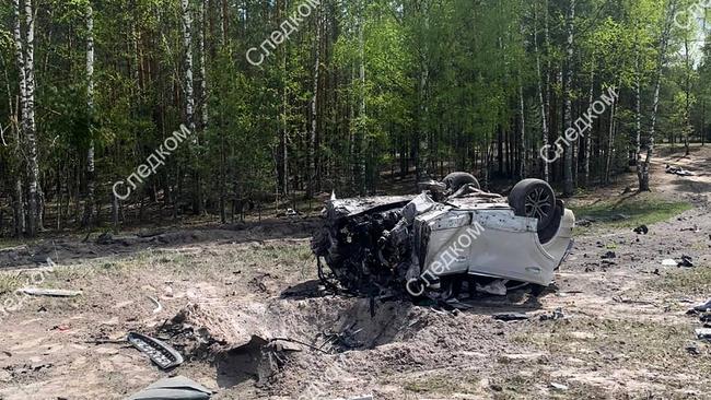 The remains of Zakhar Prilepin’s vehicle on Saturday. Picture: AFP