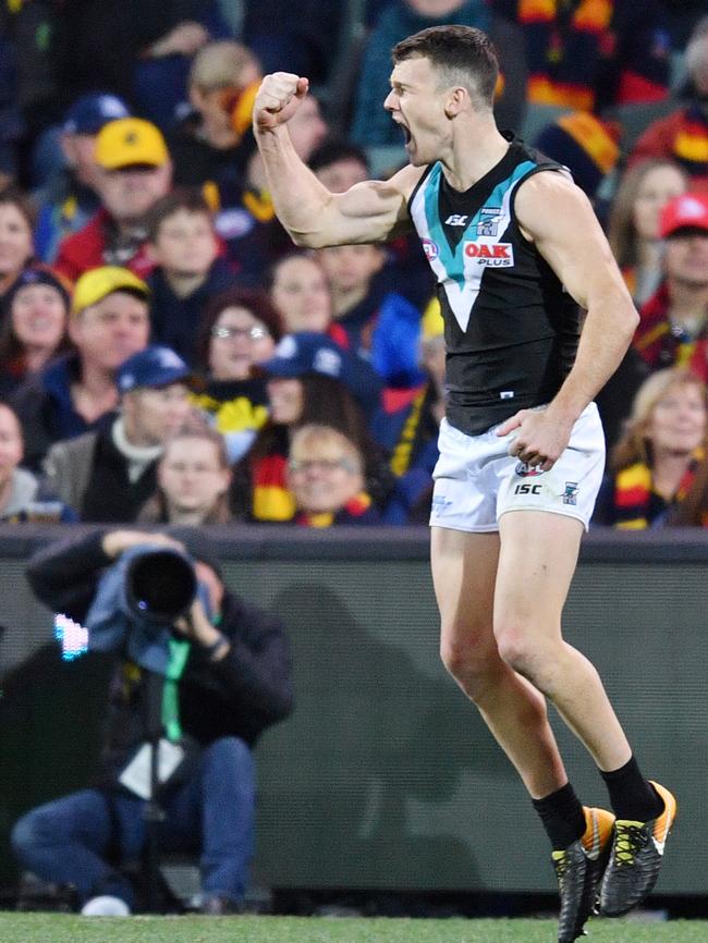 Power superstar Robbie Gray celebrates a goal in Showdown 45. Picture: AAP Image/David Mariuz