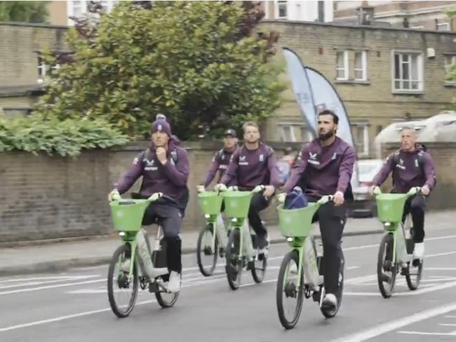 The English cricket team ride e-bikes to escape traffic gridlock to the 3rd One Day International match against the West Indies at The Oval in Kennington, London on June 3 2025. Picture: X