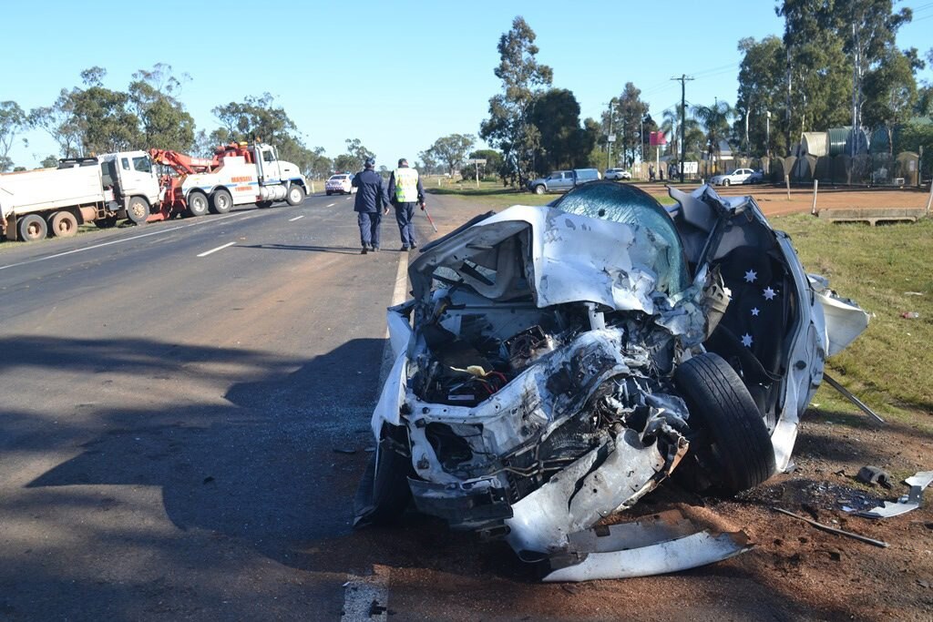 The ute involved in yesterday morning&#39;s fatal crash near Dalby.