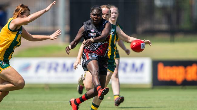 Jamie Lee Puautjimi in the 2024-25 NTFL women's Round 2 match between Tiwi Bombers and PINT. Picture: Pema Tamang Pakhrin