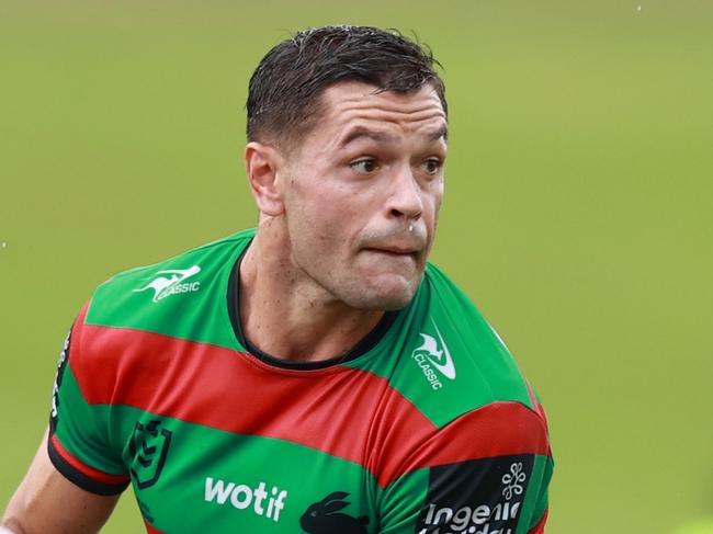 SYDNEY, AUSTRALIA - FEBRUARY 23: Braidon Burns of the Rabbitohs runs the ball during the NRL Pre-season challenge match between South Sydney Rabbitohs and Sydney Roosters at Belmore Sports Ground on February 23, 2024 in Sydney, Australia. (Photo by Jason McCawley/Getty Images)