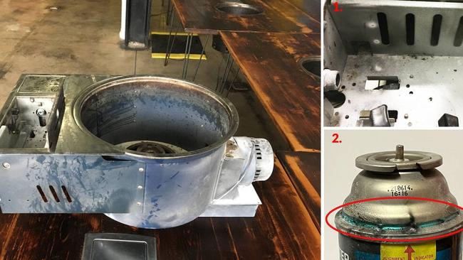 The barbecue appliance used in the Little Miss Korea explosion. Insert 1. The vented cartridge compartment. Insert 2. The release vents are exposed on the gas cartridge indicating the CRV safety device activated. Picture: Supplied.