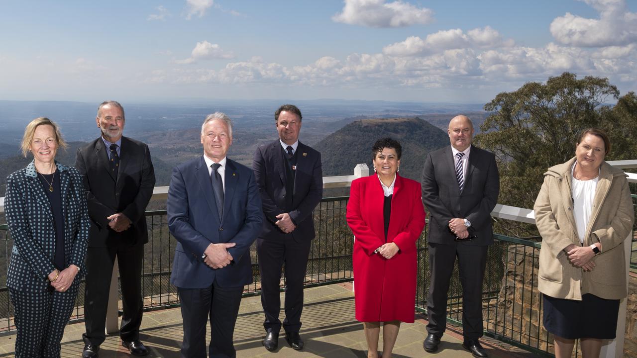 Sharon Collins of St Saviour's College (far right) with principals of boarding schools across the Darling Downs (from left) Simon Lees of Toowoomba Anglican School, Linda Evans of Fairholme College, Adrian Wiles of Concordia, Peter Hauser of Toowoomba Grammar School, Stephen Koch of Downlands College, Tanya Appleby of St Ursula's College and Kyle Thompson of Scots PGC College. Picture: Kevin Farmer