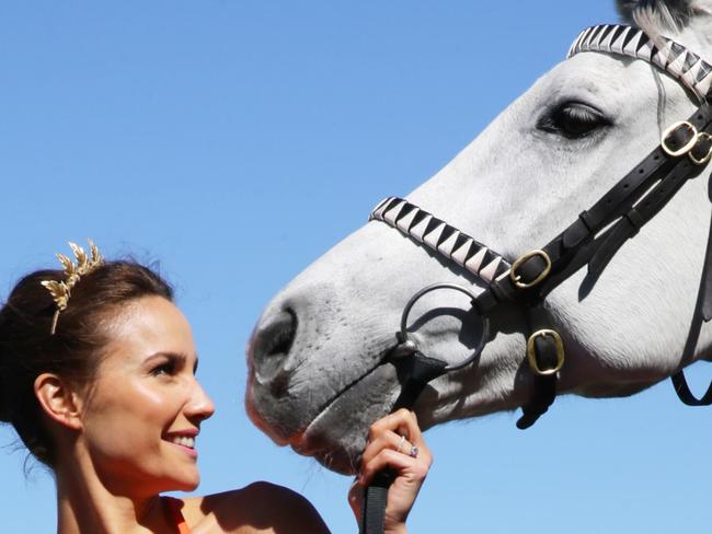 Rachael Finch and a horse for the cover of Shop Smart. Randwick Racecourse.