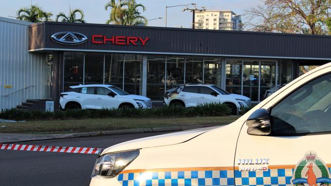 Three cars at the Chery Motors dealership in Stuart Park were destroyed in a blaze caused by suspected arson at 3.45am Wednesday. Picture: Sierra Haigh