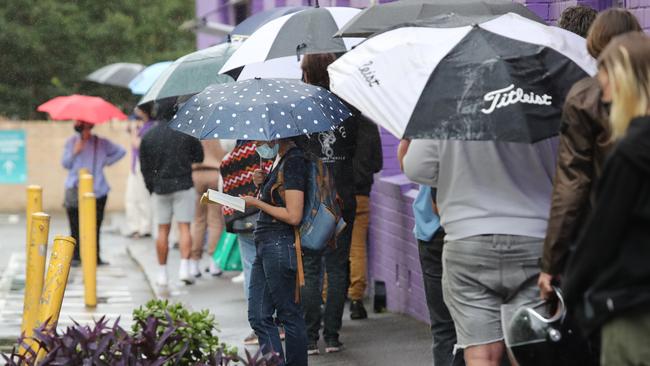 People waited for up to three hours in Covid testing lines at RPA Hospital on Wednesday. Picture: Richard Dobson