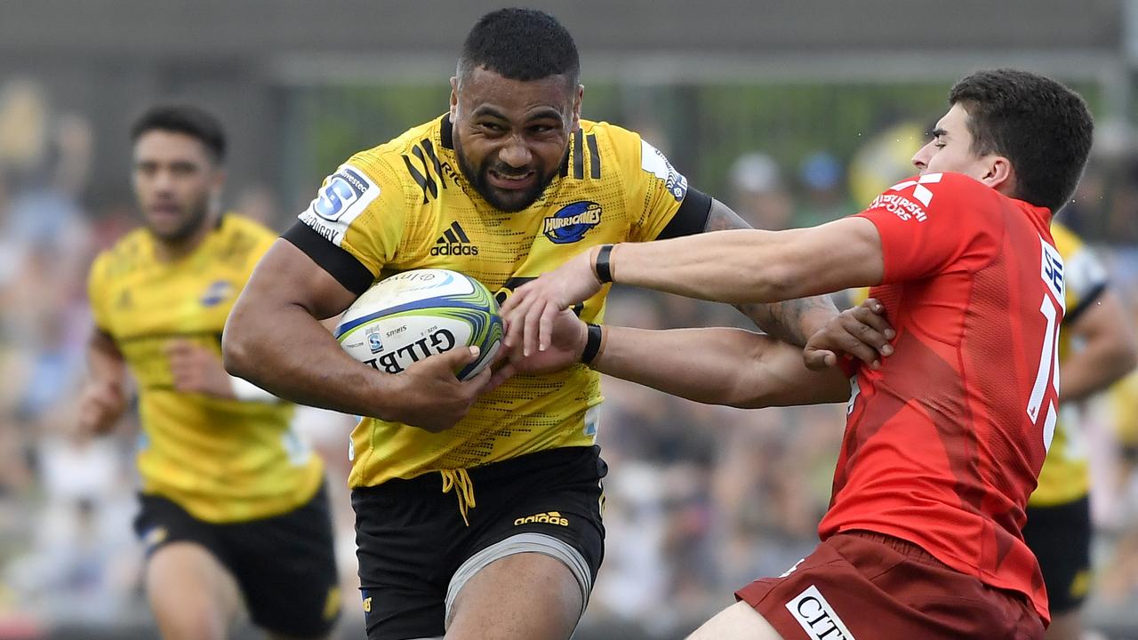 Ngani Laumape of the Hurricanes makes a break during the Super Rugby match.