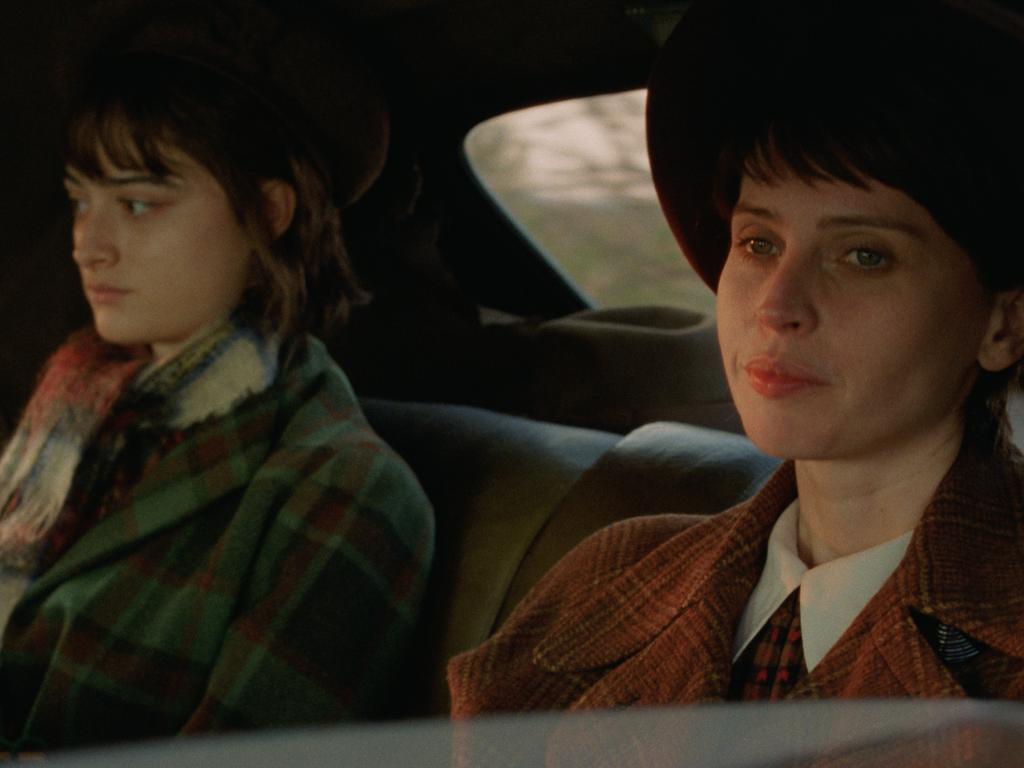 Ariane Labed and Felicity Jones in a scene from the movie The Brutalist.