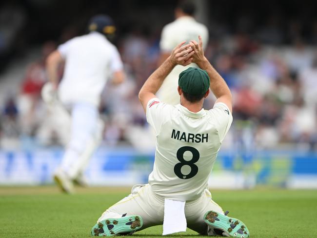 Mitchell Marsh of Australia reacts after dropping Chris Woakes of England. Picture: Getty Images