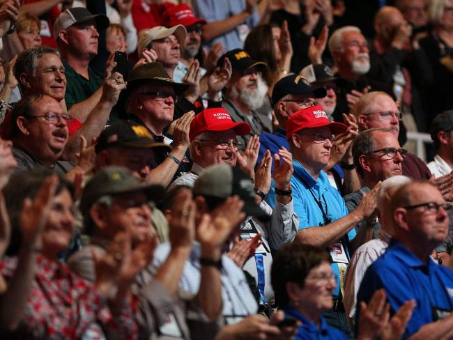 People cheer for President Donald Trump during the NRA convention. Picture: AFP