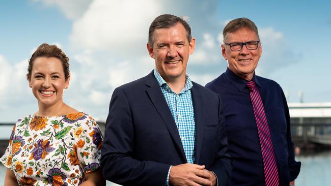 Chief Minister Michael Gunner, Opposition Leader Lia Finocchiaro and Territory Alliance leader Terry Mills at Darwin's Waterfront. Picture : Che Chorley