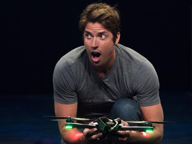 GoPro CEO Nick Woodman introduces the Karma drone in 2016. The company discontinued its drone line in January 2018. Picture: Josh Edelson