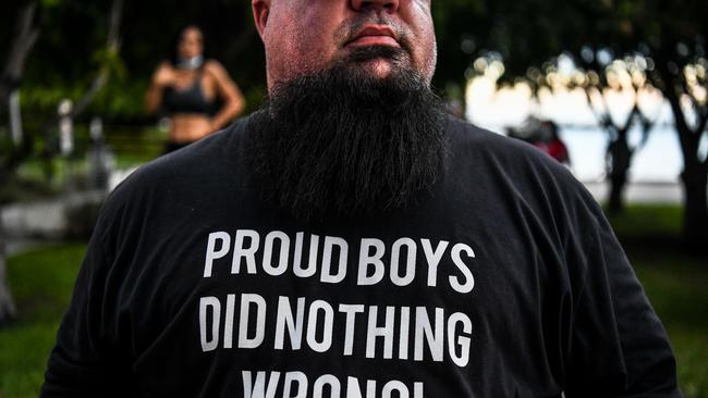 A supporter of US President Donald Trump wears a Proud Boys shirt. Picture: AFP