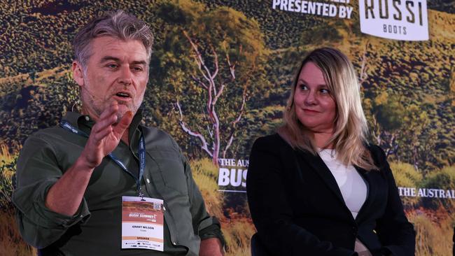 Tivan executive chair Grant Wilson and Chamber of Minerals and Energy chief executive officer Rebecca Tomkinson speak at The Australian’s Bush Summit in Port Hedland. Picture: Colin Murty