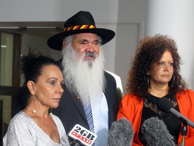 Australian indigenous opposition lawmakers Linda Burney, Pat Dodson and Malarndirri McCarthy after the 2018 report’s release. Picture: AP