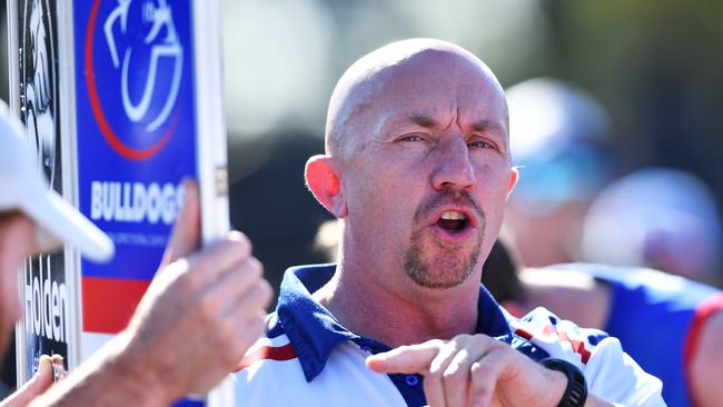 Roy Laird addresses his players at quarter time. Picture: Mark Brake/AAP