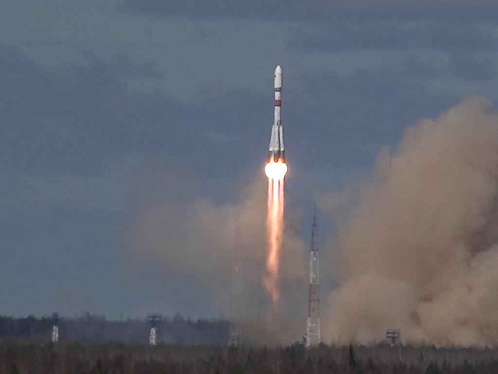 A Soyuz-2 1b rocket booster carrying the Kosmos-2546 military satellite of the Russian Defence Ministry. Picture: Russian Defence Ministry\TASS via Getty Images