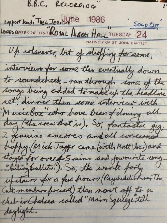 Pengilly diary entry about their Royal Albert Hall gig in the Listen Like Thieves era. Picture: Kirk Pengilly.