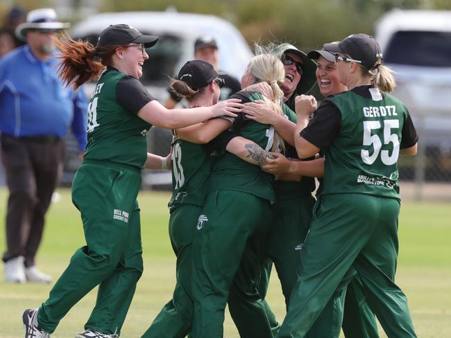 Bell Park celebrate the early wicket of Two Blues skipper and star batter Taliesin Platt. Picture: Mark Wilson