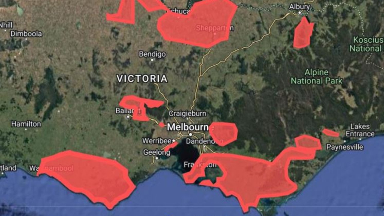 Areas (in red) the Victorian Farmers Federation has identified as those to avoid when planning renewable energy developments due to the significance to the agriculture industry.