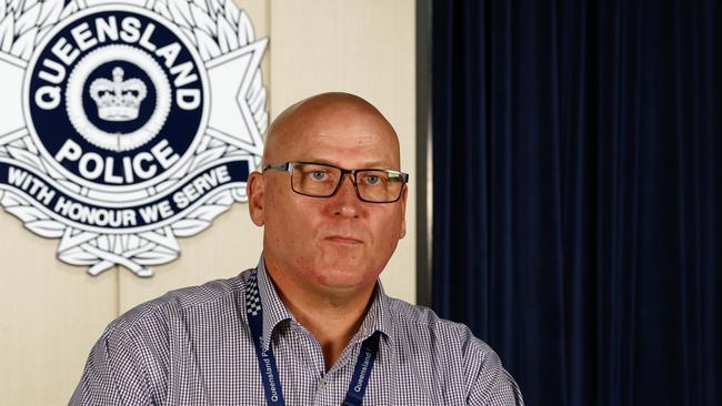 Cairns Police Inspector Jason Chetham addresses the media in 2023 over upgraded charges to a 17-year-old boy over the death of 63-year-old Richard Matthews of Innisfail. Picture: Brendan Radke