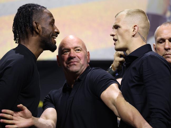 BOSTON, MASSACHUSETTS - AUGUST 17: (L-R) Opponents Neil Magny and Ian Garry of Ireland face off during the UFC 292 press conference at TD Garden on August 17, 2023 in Boston, Massachusetts. (Photo by Paul Rutherford/Zuffa LLC via Getty Images)