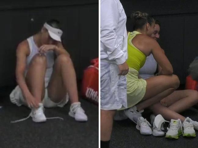 Aryna Sabalenka consoles Paula Badosa after their semi-final.