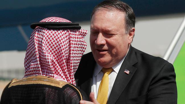 US Secretary of State Mike Pompeo greets Saudi Foreign Minister Adel al-Jubeir after arriving in Riyadh. Picture: AFP.