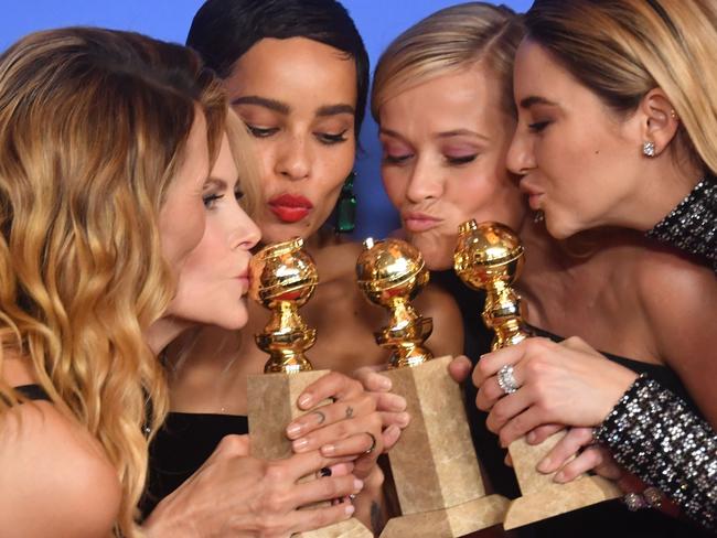 Laura Dern, Nicole Kidman, Zoe Kravitz, Reese Witherspoon and Shailene Woodley pose with the Best Television Limited Series or Motion Picture Made for Television trophy for 'Big Little Lies'. Picture: AFP PHOTO / Frederic J. BROWN.