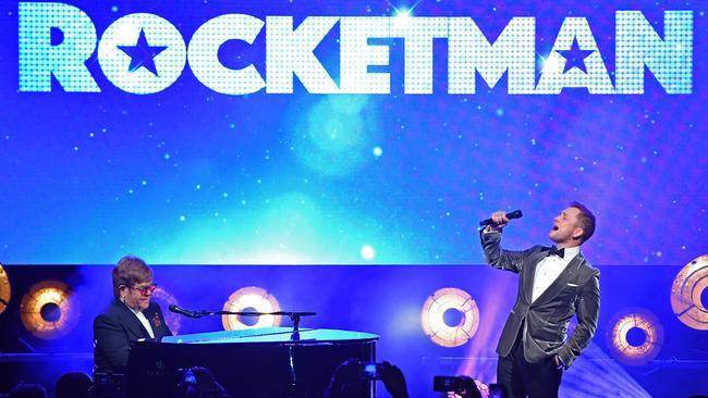 Sir Elton John and Taron Egerton perform during the "Rocketman" Gala Party during the 72nd annual Cannes Film Festival. Picture: Gareth Cattermole/Getty Images