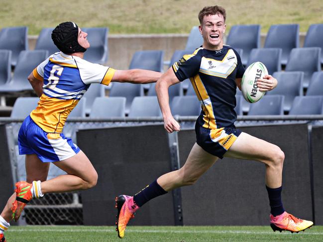 Galvin charging for the tryline in Westfields Sports High colours against Patrician Brothers Blacktown playing in the Peter Mulholland Cup. Picture: Adam Yip